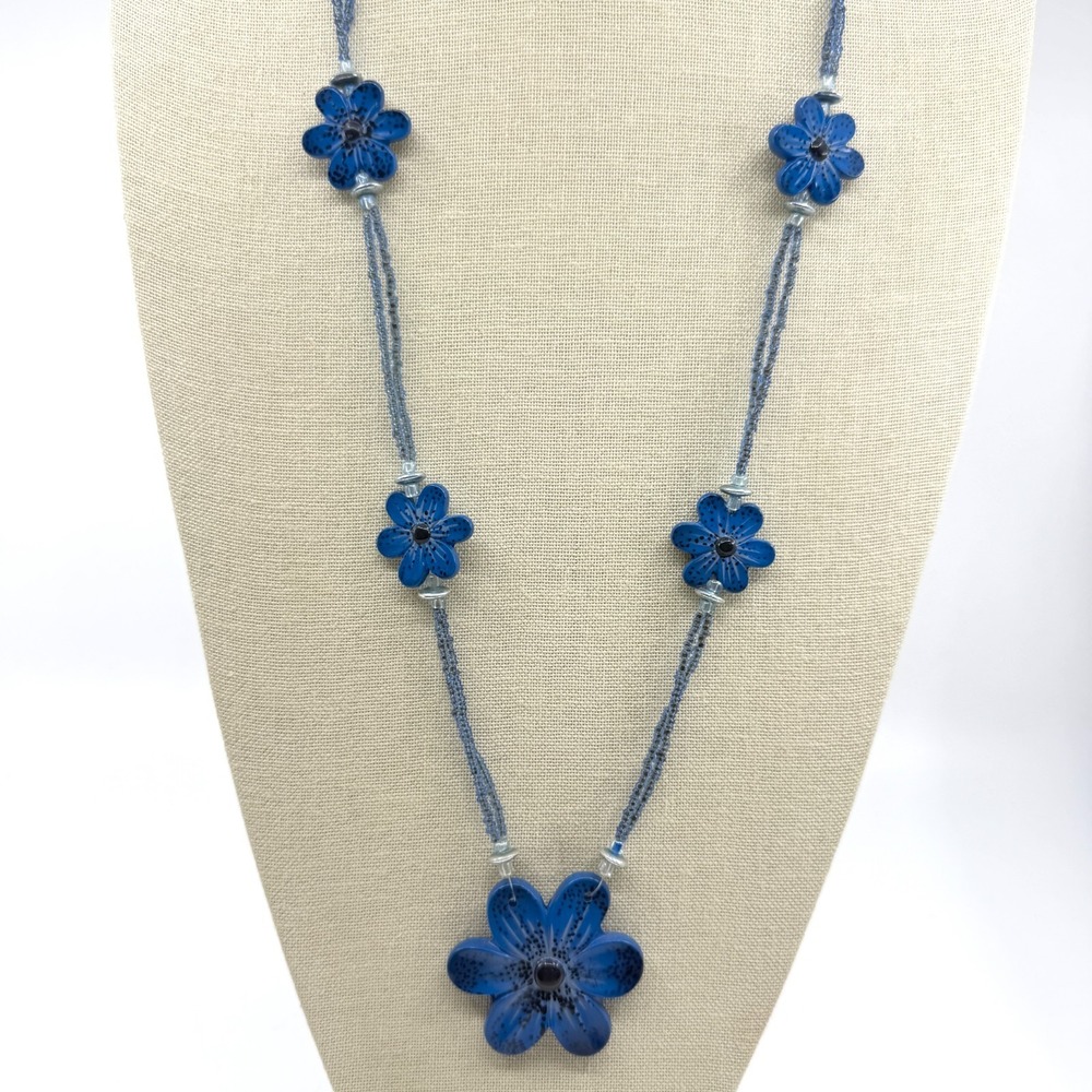 Whimsical Blue Floral Statement Necklace Layered Bead Petal Design Fun Gift